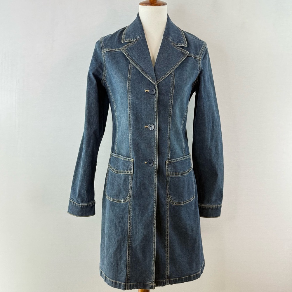 Halogen Blue Classic Long Stretch Cotton Denim 3-button Coat